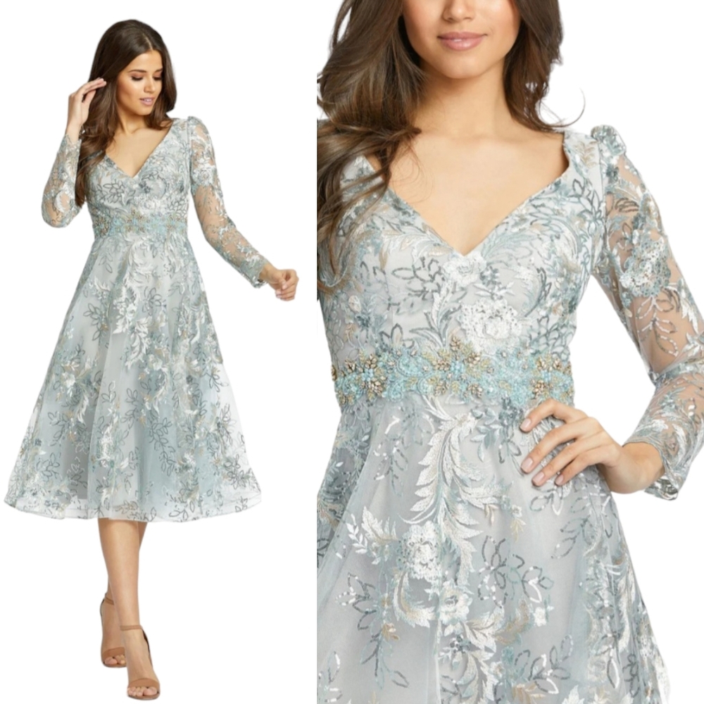 Mac Dugggal Size 12 Embellished Aline Tea Length Floral Sterling 70230 Dress